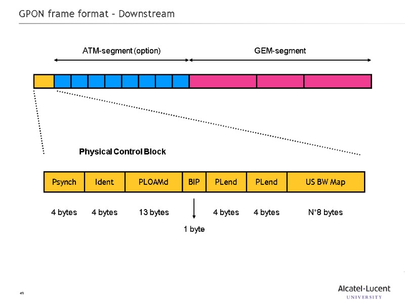 49 GPON frame format – Downstream ATM-segment (option) GEM-segment Psynch Ident PLOAMd BIP PLend